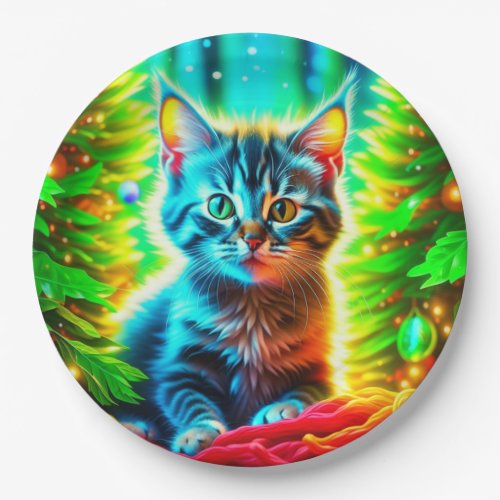 Cute Gray Kittens with Christmas Trees Paper Plates