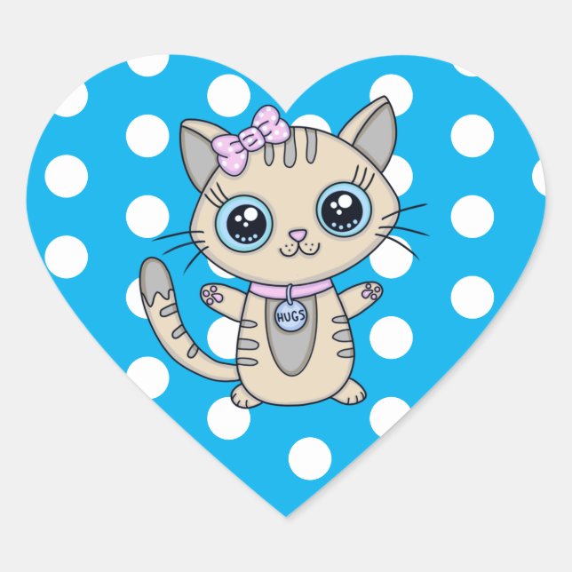 Cute Gray Kitty Cat Blue Polka Dot personalized Heart Sticker (Front)