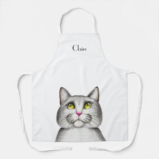 Cute Gray Kitty Cat Personalized Apron (Front)