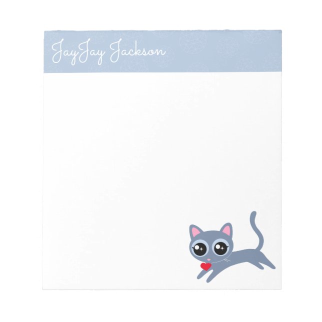 Cute Gray Kitty with a Heart Personalized Notepad (Front)