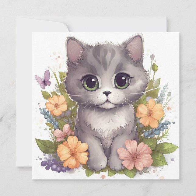 Cute Gray Kitty with Flowers Kawaii Chibi (Front)