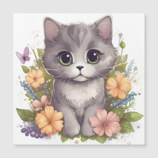 Cute Gray Kitty with Flowers Kawaii Chibi