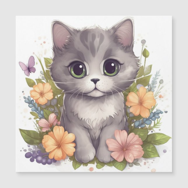 Cute Gray Kitty with Flowers Kawaii Chibi (Front)
