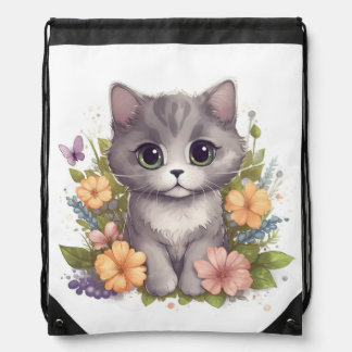 Cute Gray Kitty with Flowers Kawaii Chibi Drawstring Bag
