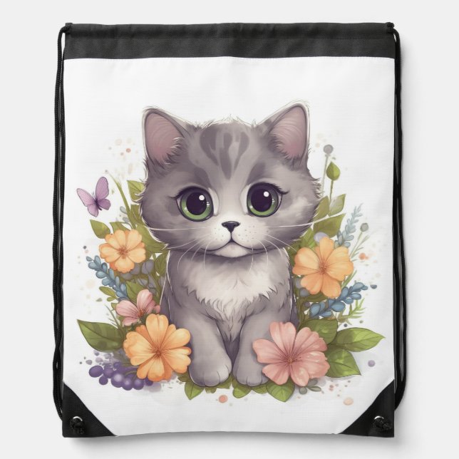 Cute Gray Kitty with Flowers Kawaii Chibi Drawstring Bag (Front)