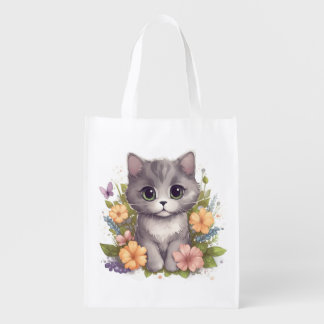Cute Gray Kitty with Flowers Kawaii Chibi Grocery Bag