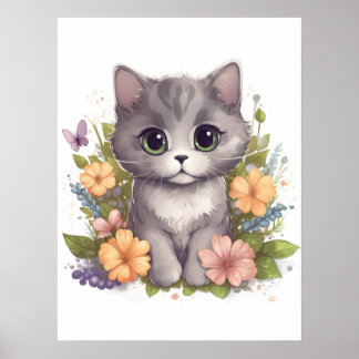 Cute Gray Kitty with Flowers Kawaii Chibi Poster