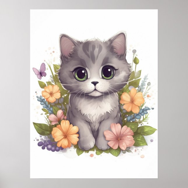 Cute Gray Kitty with Flowers Kawaii Chibi Poster (Front)