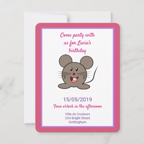 Cute gray mouse birthday party invitation