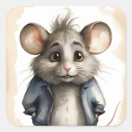 Cute Gray Mouse Blue Jacket Portrait  Square Sticker