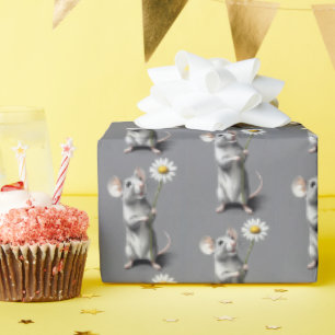 Cute Gray Mouse With White Daisy Wrapping Paper