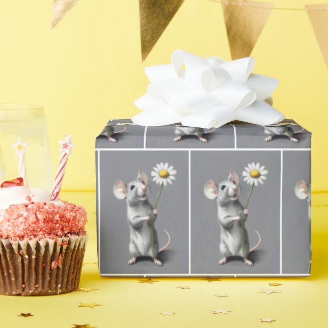 Cute Gray Mouse With White Daisy Wrapping Paper (Birthday Party)