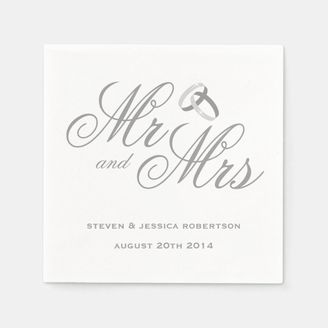 Cute gray Mr and Mrs paper wedding napkins (Front)