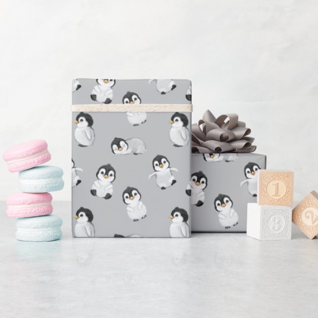 Cute Gray Penguin Pattern Baby Shower Wrapping Paper (Baby Shower)