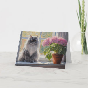 Cute Gray Persian Cat with Pink Flowering Plant Card