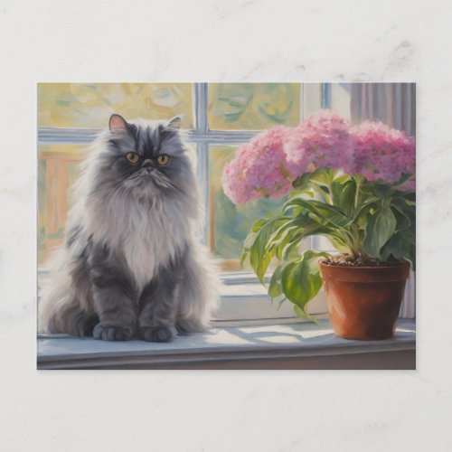 Cute Gray Persian Cat with Pink Flowering Plant  Holiday Postcard