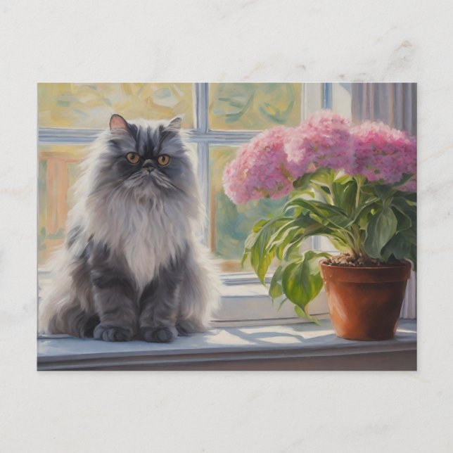 Cute Gray Persian Cat with Pink Flowering Plant  Holiday Postcard (Front)