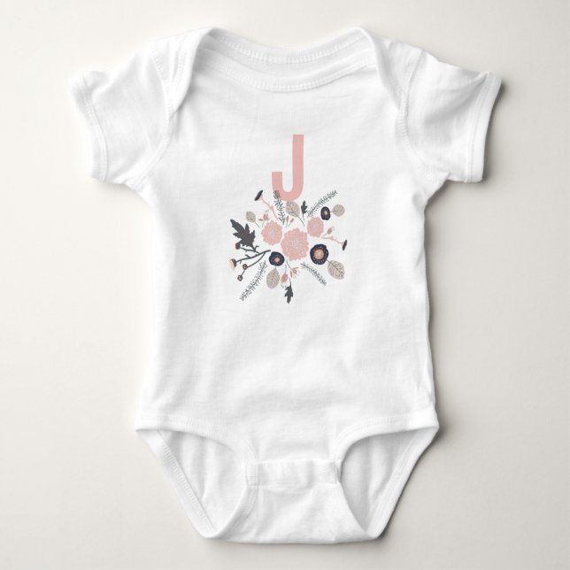 Cute Gray Pink Black Flowers With Initial Baby Bodysuit (Front)