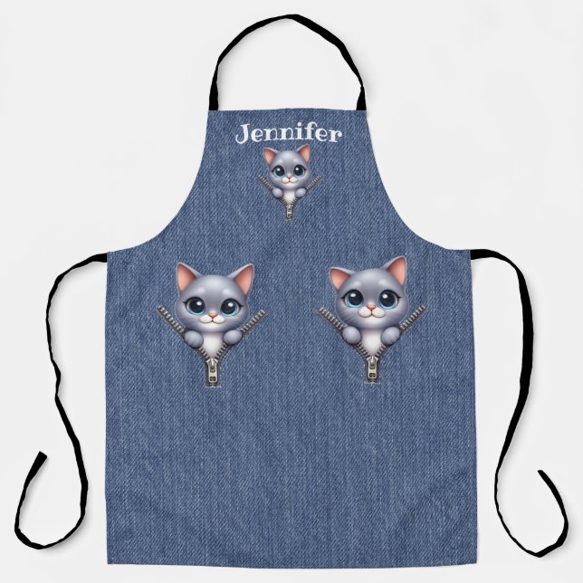 Cute Gray Pink Nosed Cat All-Over Print Apron (Front)