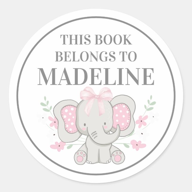 Cute Gray Pink Polka Dot Elephant Bookplate (Front)