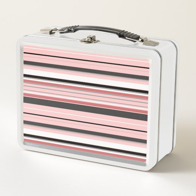 Cute gray pink stripes metal lunch box (Front)