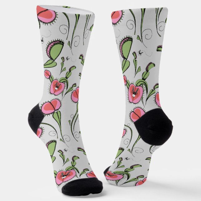 Cute Gray & Pink Venus Flytrap Stuck on Your Love Socks (Angled)