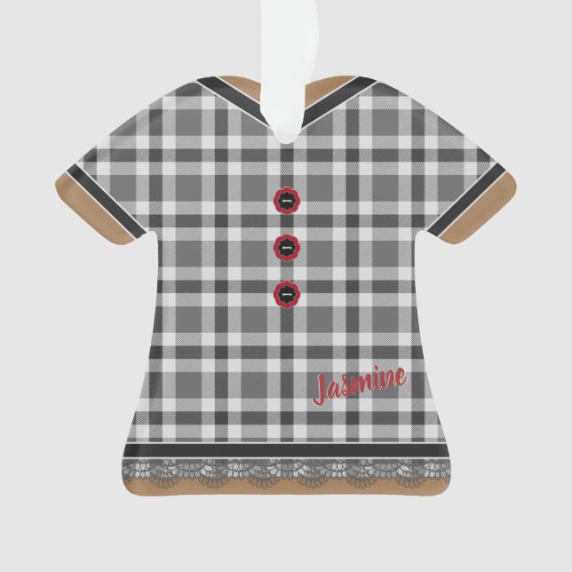 Cute Gray Plaid Dress with Lace Trim Customized Ornament (Front)