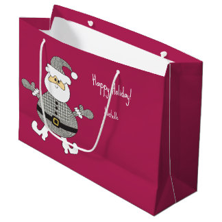 Cute Gray Plaid Santa Holiday Illustration Large Gift Bag