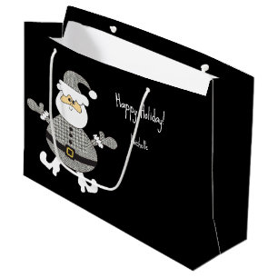 Cute Gray Plaid Santa Holiday Illustration Large Gift Bag