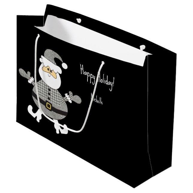 Cute Gray Plaid Santa Holiday Illustration Large Gift Bag (Front Angled)