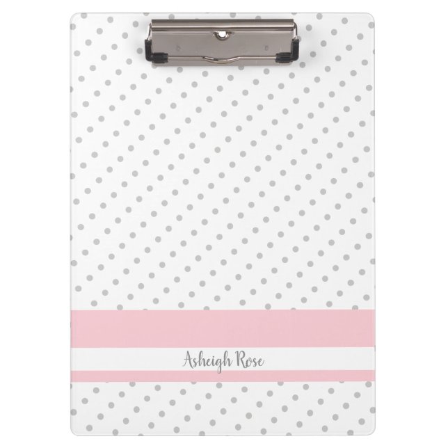 Cute gray polka dots with pink, personalized clipboard (Front)