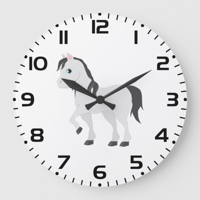 Cute Gray Pony Cartoon Whimsical Horse Large Clock (Front)
