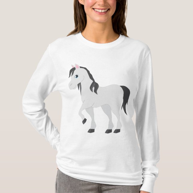 Cute Gray Pony Cartoon Whimsical Horse T-Shirt (Front)