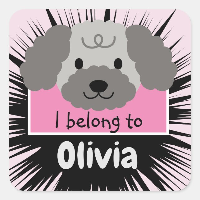 Cute Gray Poodle Buddy with Pink Personalized Square Sticker (Front)