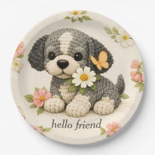 Cute Gray Puppy Floral Butterfly = Paper Plates