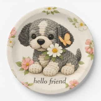 Cute Gray Puppy Floral Butterfly = Paper Plates