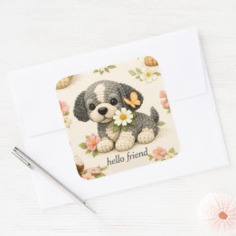 Cute Gray Puppy Floral Butterfly Sticker
