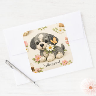 Cute Gray Puppy Floral Butterfly Sticker 