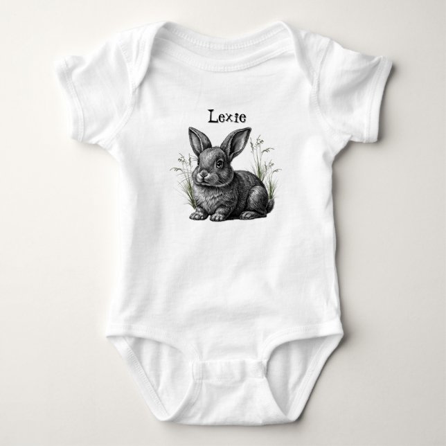 Cute Gray Rabbit Add Name Baby Bodysuit (Front)