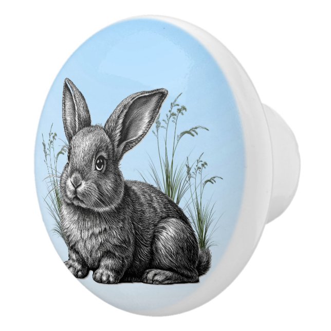 Cute Gray Rabbit against a Blue Sky Ceramic Knob (Right)