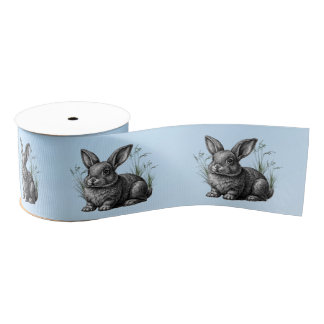 Cute Gray Rabbit against a Blue Sky Grosgrain Ribbon