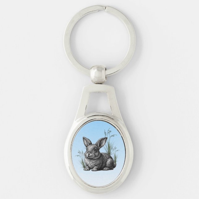Cute Gray Rabbit against a Blue Sky Keychain (Front)