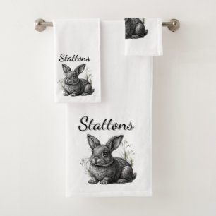 Cute Gray Rabbit against a Blue Sky Personal Name Bath Towel Set