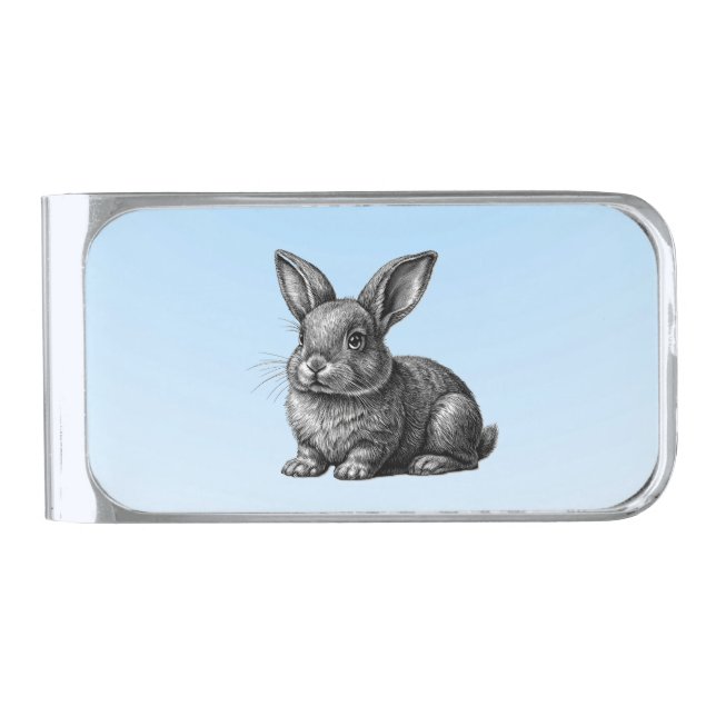 Cute Gray Rabbit against a Blue Sky Silver Finish Money Clip (Front)
