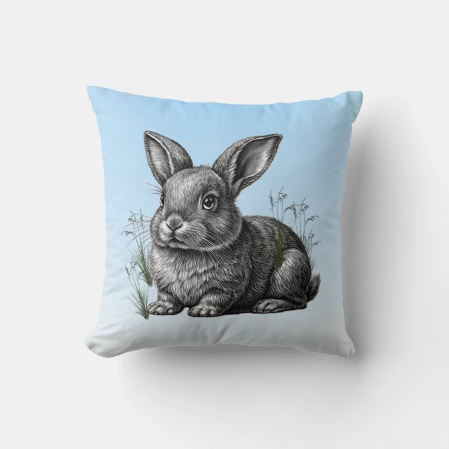 Cute Gray Rabbit against a Blue Sky Throw Pillow (Front)