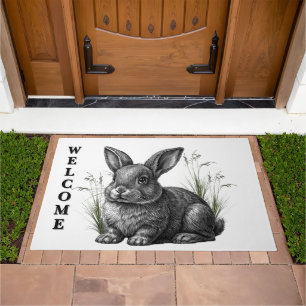 Cute Gray Rabbit Among Grass Welcome Doormat