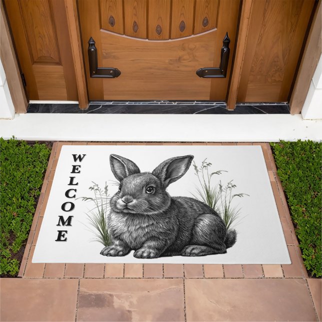 Cute Gray Rabbit Among Grass Welcome Doormat (Outdoor)