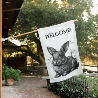 Cute Gray Rabbit Among Grass Welcome House Flag