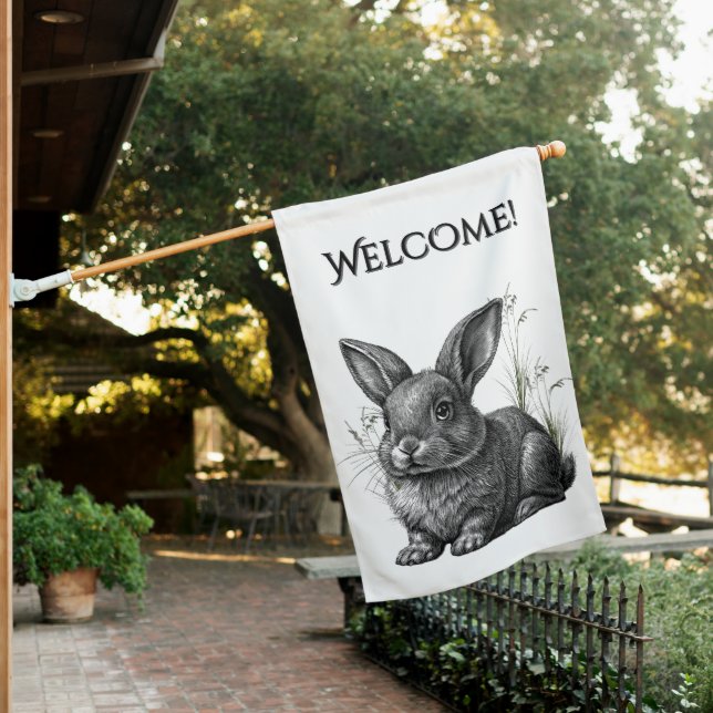 Cute Gray Rabbit Among Grass Welcome House Flag (In SItu)