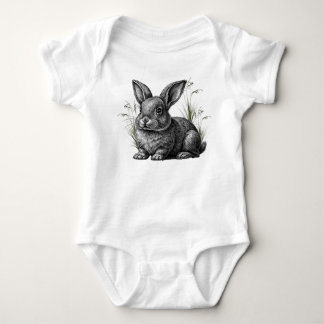 Cute Gray Rabbit Among the Grass Baby Bodysuit